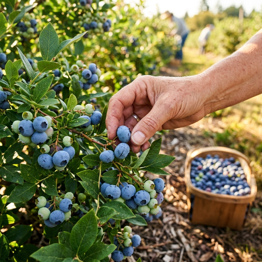 Ręczny zbiór borówki amerykańskiej — Plantacja Borkowy